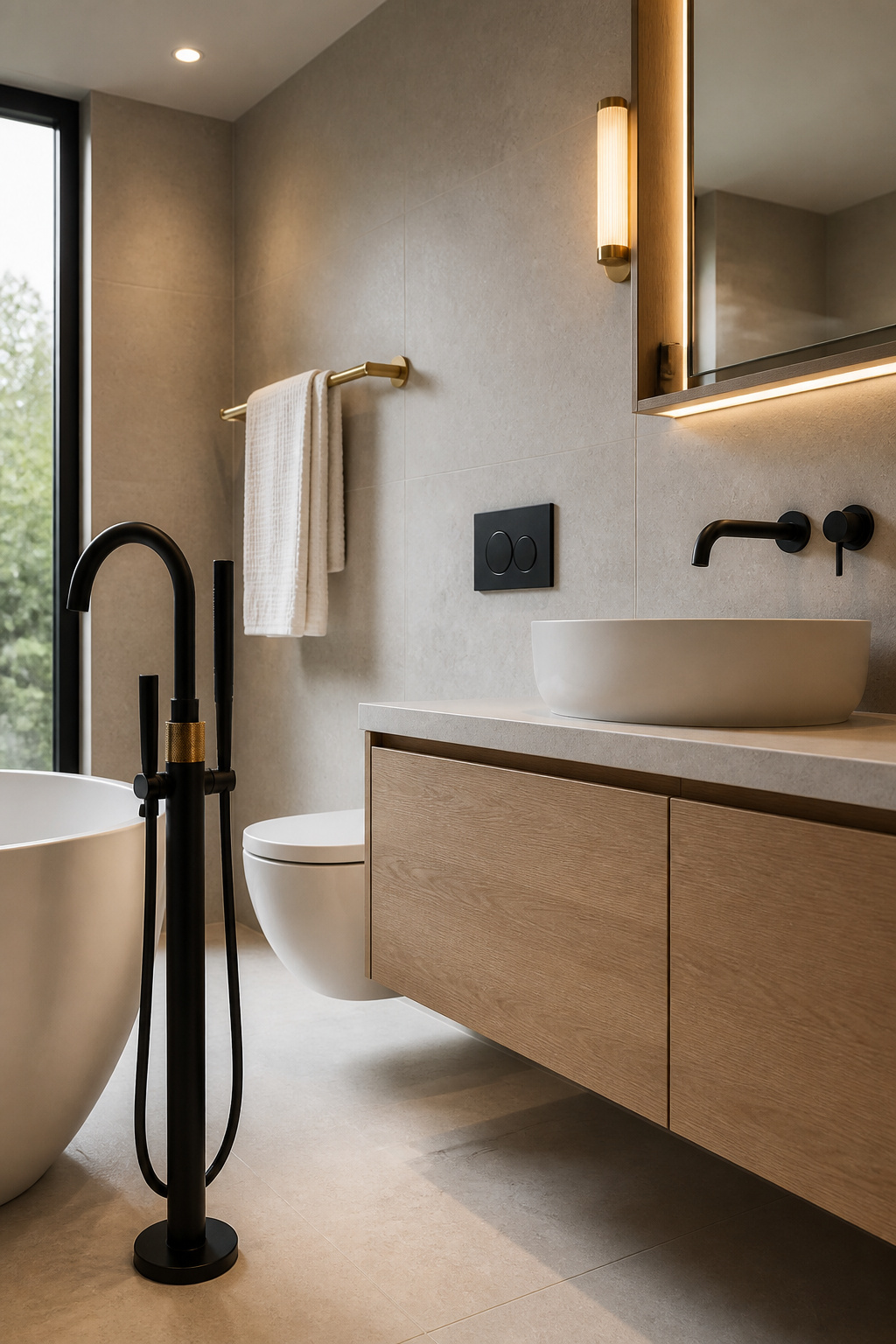 Matte black and brushed brass hardware throughout a Nordic master bathroom — PVD-coated finishes that maintain their character for over a decade and show fingerprints far less than chrome.