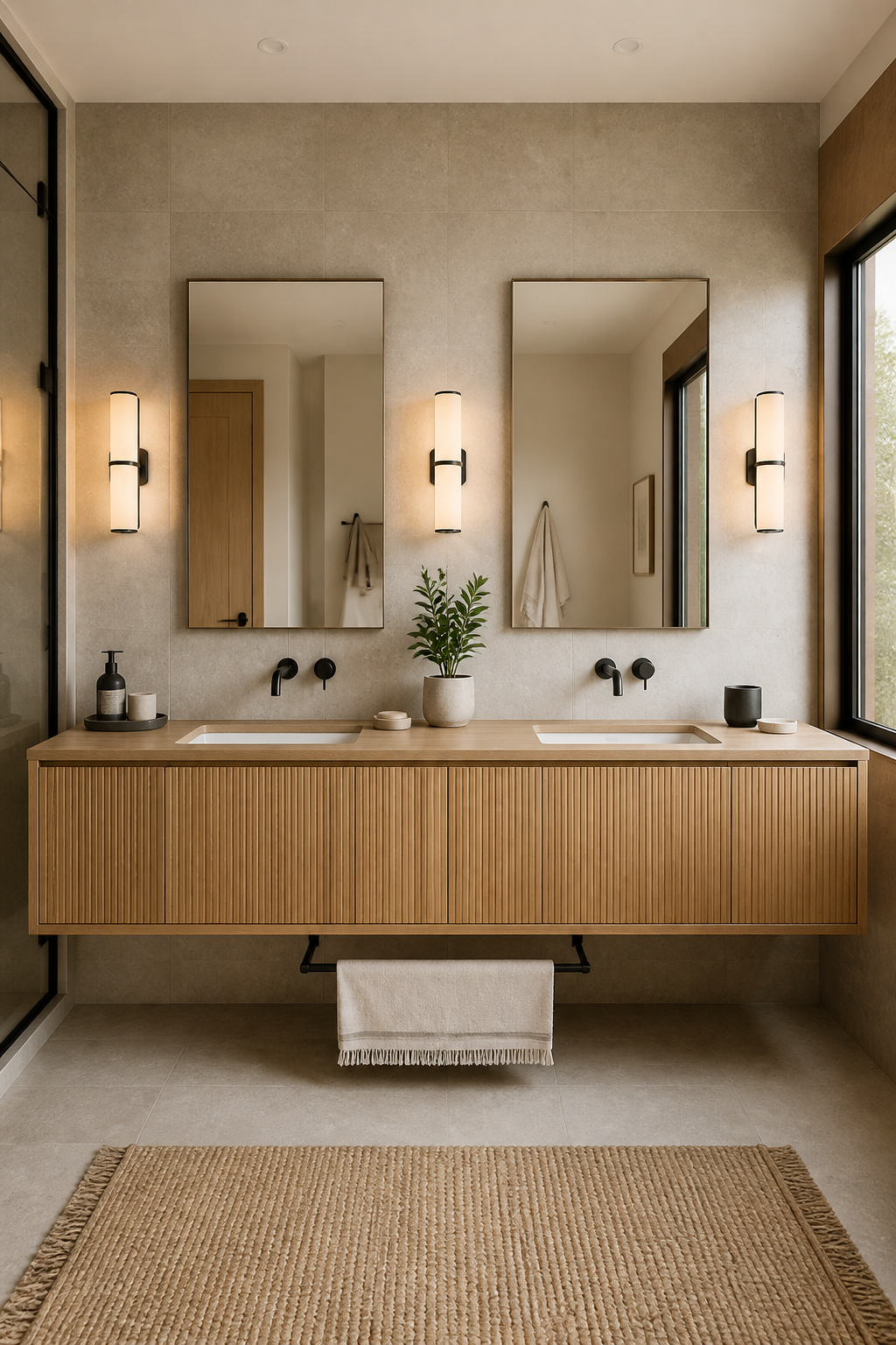 A 72-inch floating white oak double vanity with fluted panels and recessed medicine mirrors — the contemporary standard for a Nordic master bathroom.