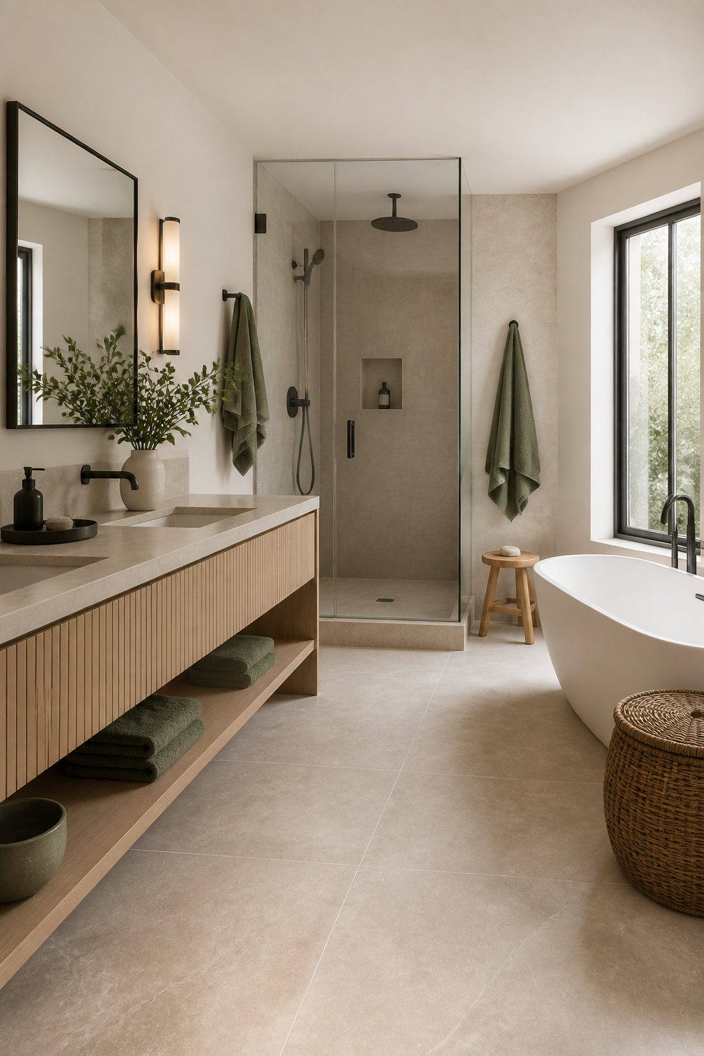 The 60/30/10 Nordic palette — warm white walls, taupe greige tile and oak cabinetry, dusty sage green accents — the colour structure behind every Scandinavian master bathroom that looks effortlessly calm.