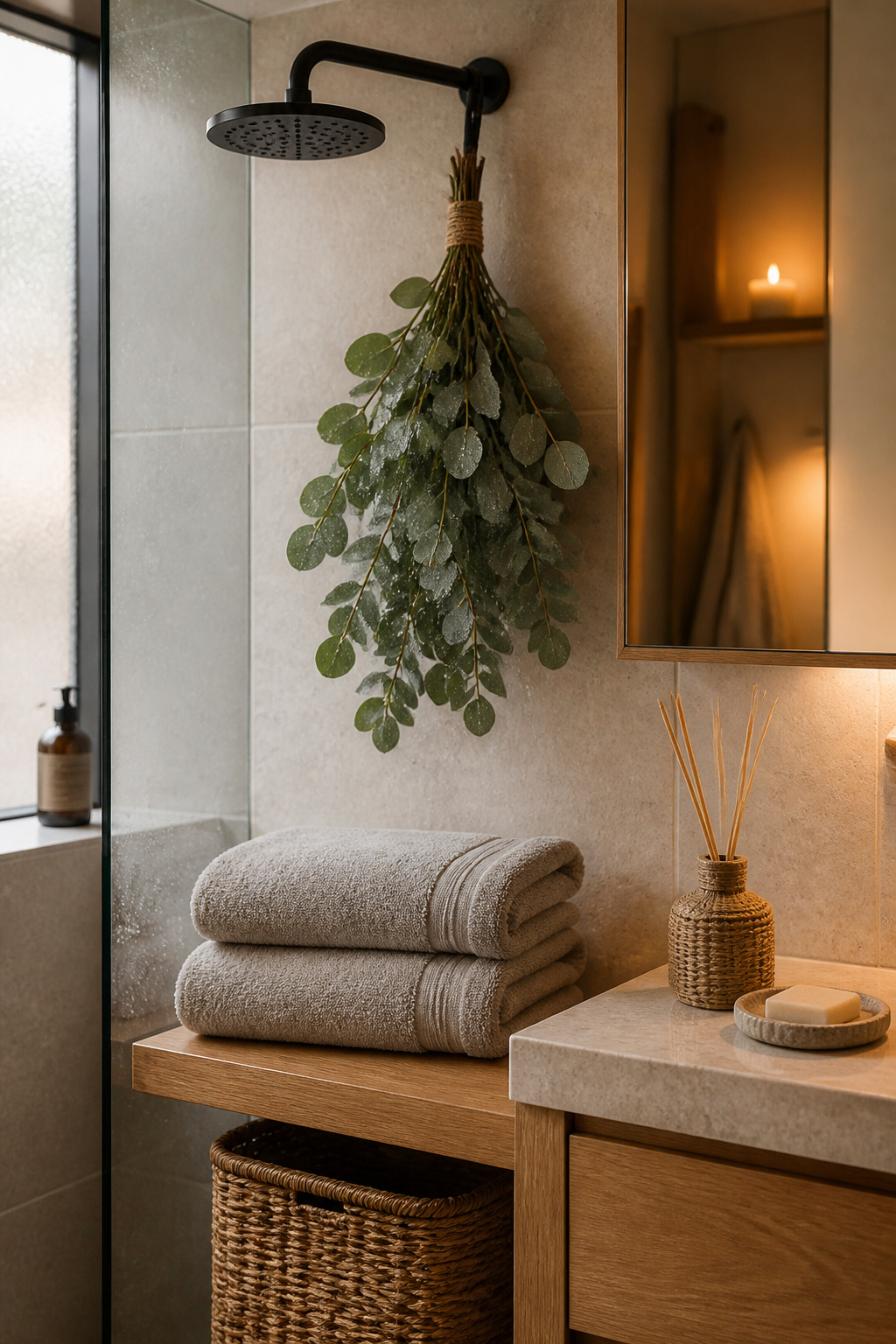 Turkish cotton bath sheets, fresh eucalyptus, and a reed diffuser — the finishing layer of a Nordic master bathroom that costs a fraction of any fixture upgrade and changes how the room feels every morning.