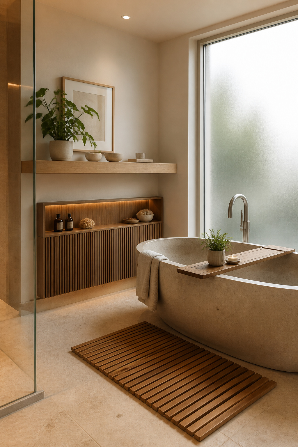 Teak accessories against pale limestone — bath caddy, slatted mat, and thermally modified ash built-in niche — the material combination that defines the Nordic spa bathroom.