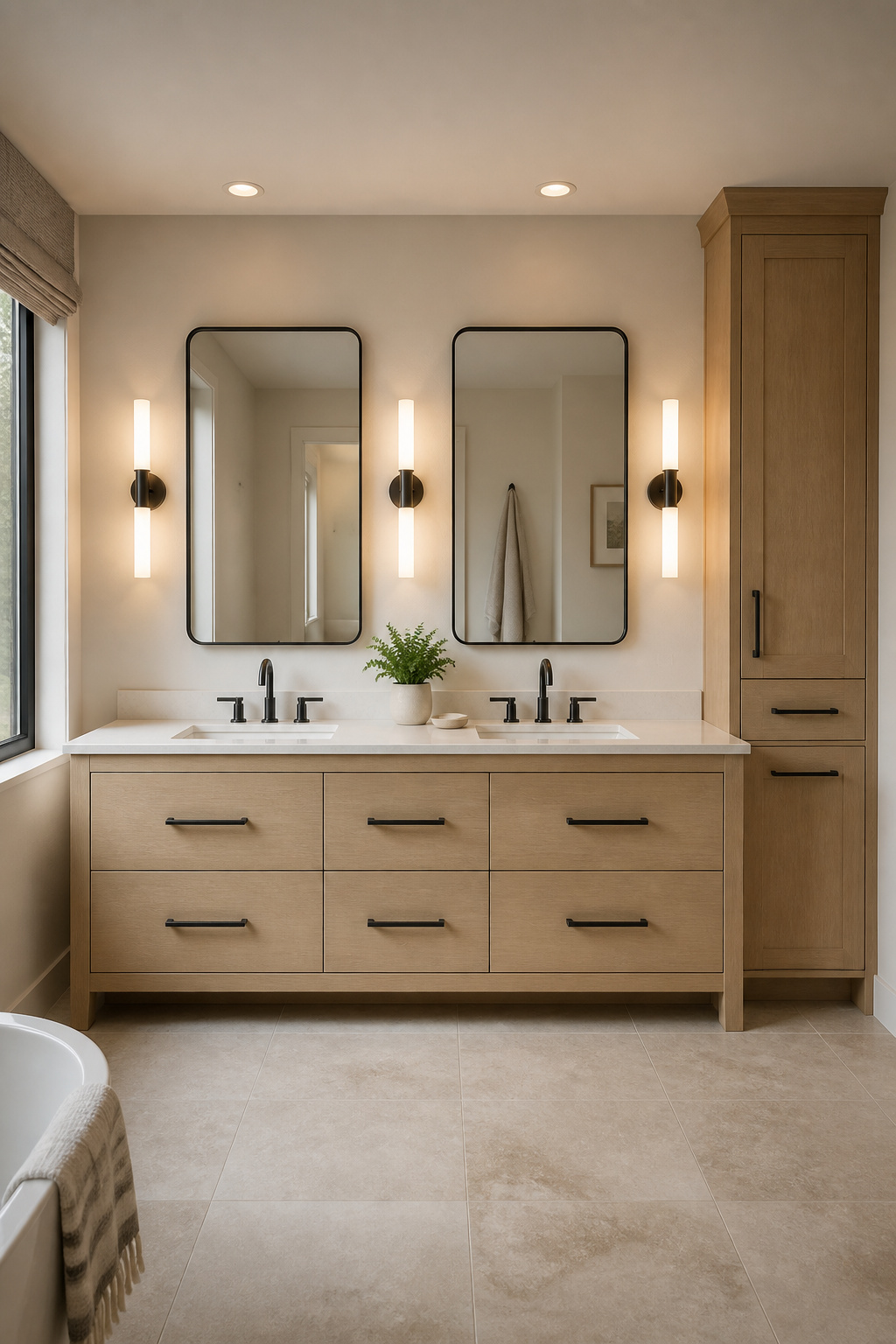 A 72-inch white oak double vanity with individual recessed medicine cabinets above each basin — 30-inch centre-to-centre spacing and matching matte black tapware that makes a shared morning routine genuinely civilised.