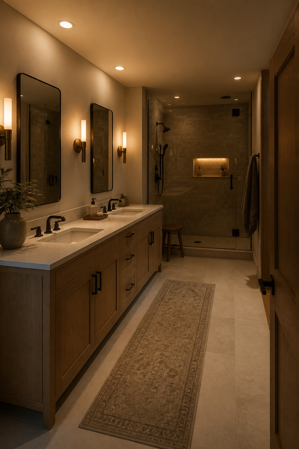 Three independent lighting circuits at work — bright vanity sconces, dimmed ambient ceiling, and a glowing shower niche — the layered approach that transforms a master bathroom after dark.