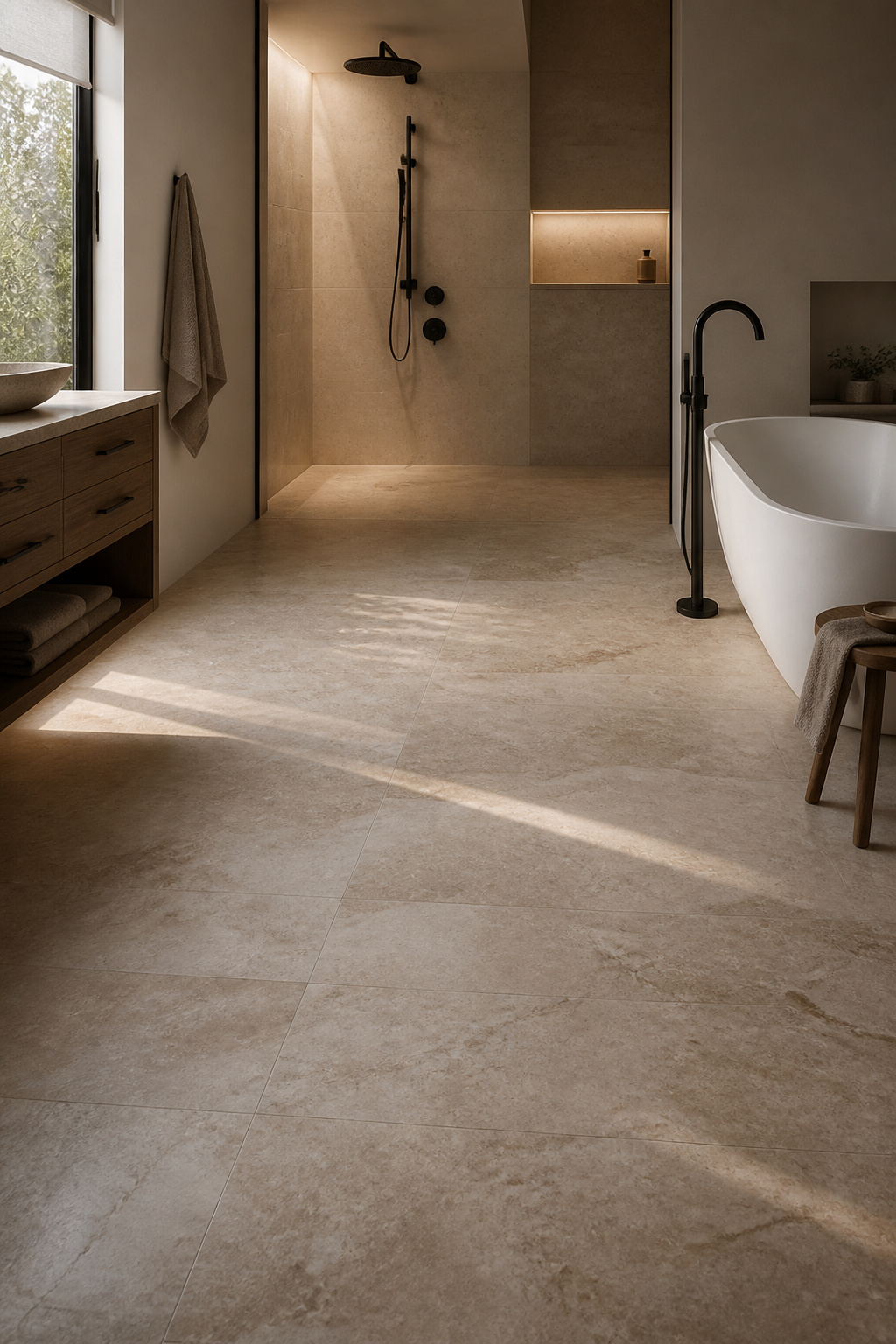 Honed travertine in warm cream with near-invisible grout lines — the uninterrupted stone floor that defines the Nordic spa master bathroom.