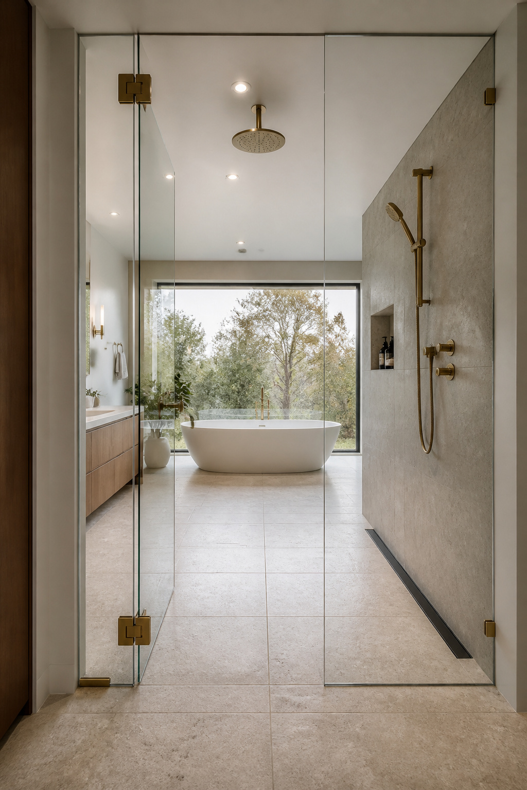 A frameless 10mm glass shower panel with solid brass hinges — uninterrupted sightlines that let the master bathroom read as one continuous space.