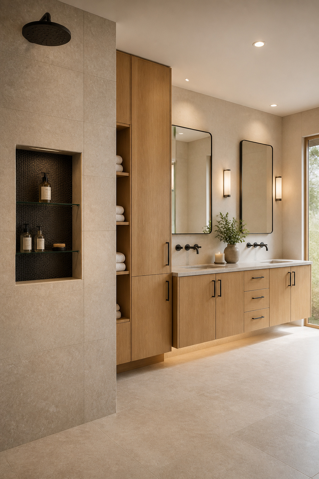 A recessed shower niche tiled flush to the wall beside a linen tower and medicine cabinet vanity zone — storage that disappears into the architecture of the bathroom.