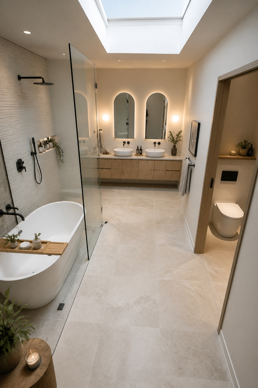 A master bathroom layout showing three clear zones — wet room, double vanity, and private toilet compartment — the structural foundation every successful remodel starts with.