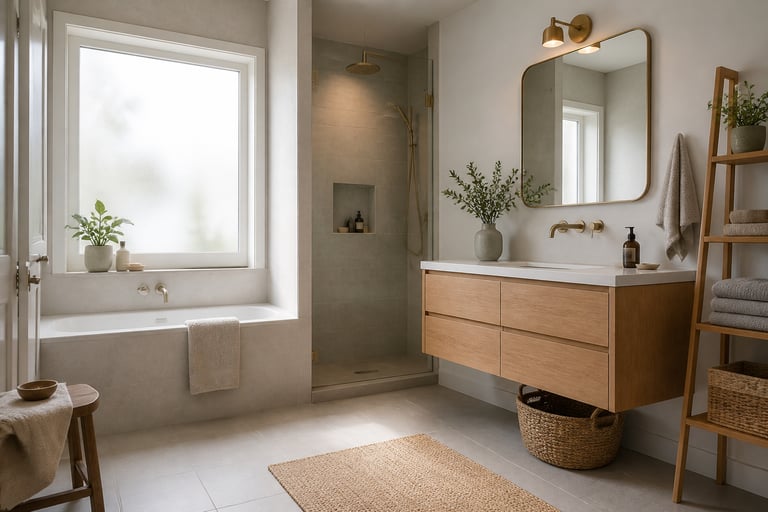 A Scandinavian-inspired bathroom combining a wall-mounted oak floating vanity, recessed shower niche, bamboo ladder shelf, and woven basket storage — all the bathroom storage ideas in one calm, functional space.
