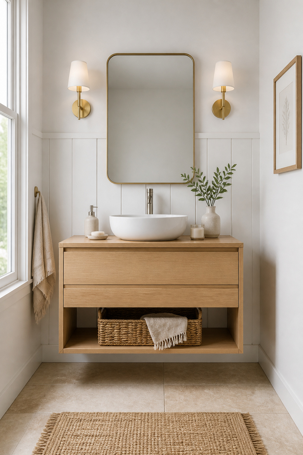 A wall-mounted white oak floating vanity with integrated soft-close drawers and a matte white vessel sink, showing the clean floor gap that makes small bathrooms feel larger.