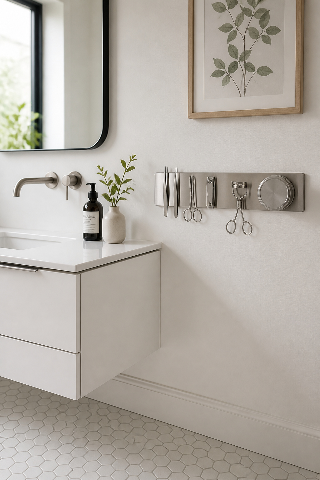 A brushed stainless steel magnetic strip beside the bathroom mirror holds tweezers, scissors, nail clippers, and a small metal tin — the counter cleared entirely of small metal tools.