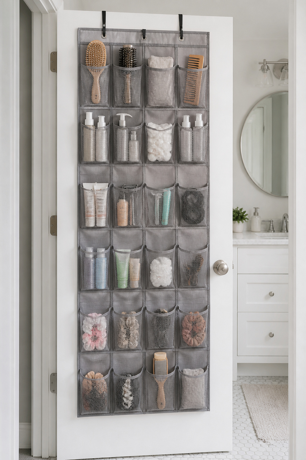 A grey mesh over-door pocket organiser on a white bathroom door holds hairbrushes, travel bottles, and small accessories across 32 pockets — free storage space that required no drilling.