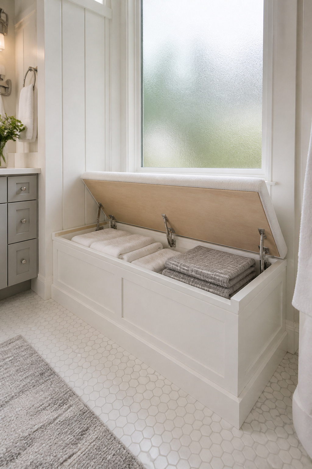 A built-in window seat bench with a lift-top lid holds bath towels in 2–3 cubic feet of concealed storage — adding seating and storage to a master bathroom without touching a single shelf.