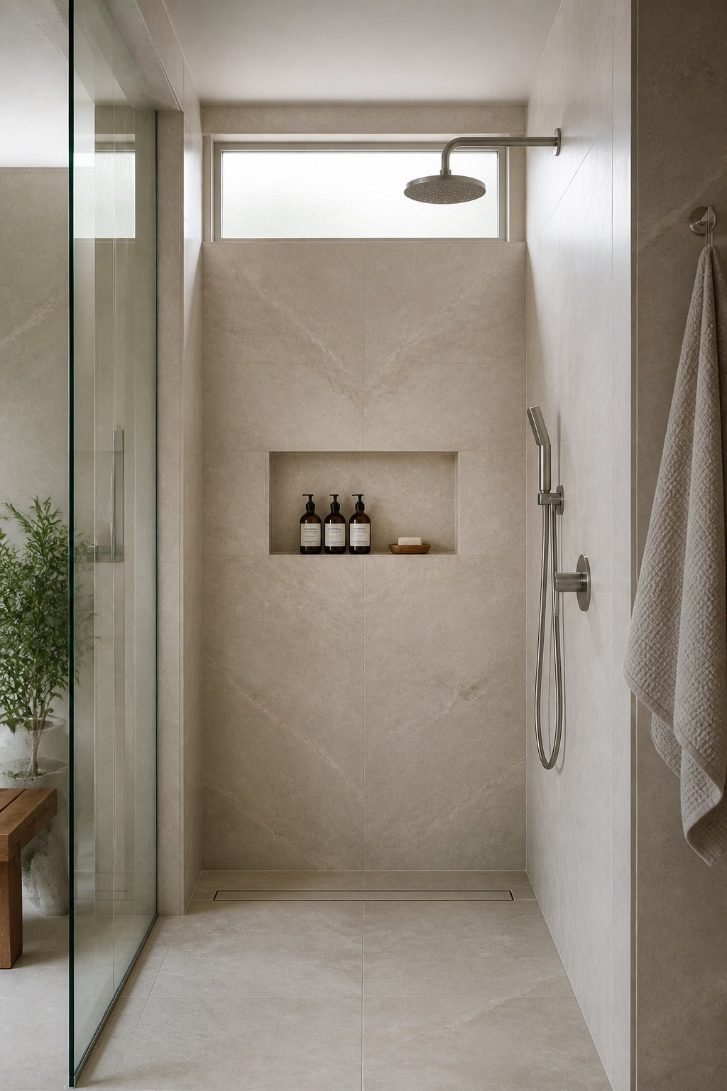 A recessed shower niche tiled in matching limestone holds amber glass bottles flush with the wall — the cleanest bathroom storage solution with zero protrusion into the shower space.