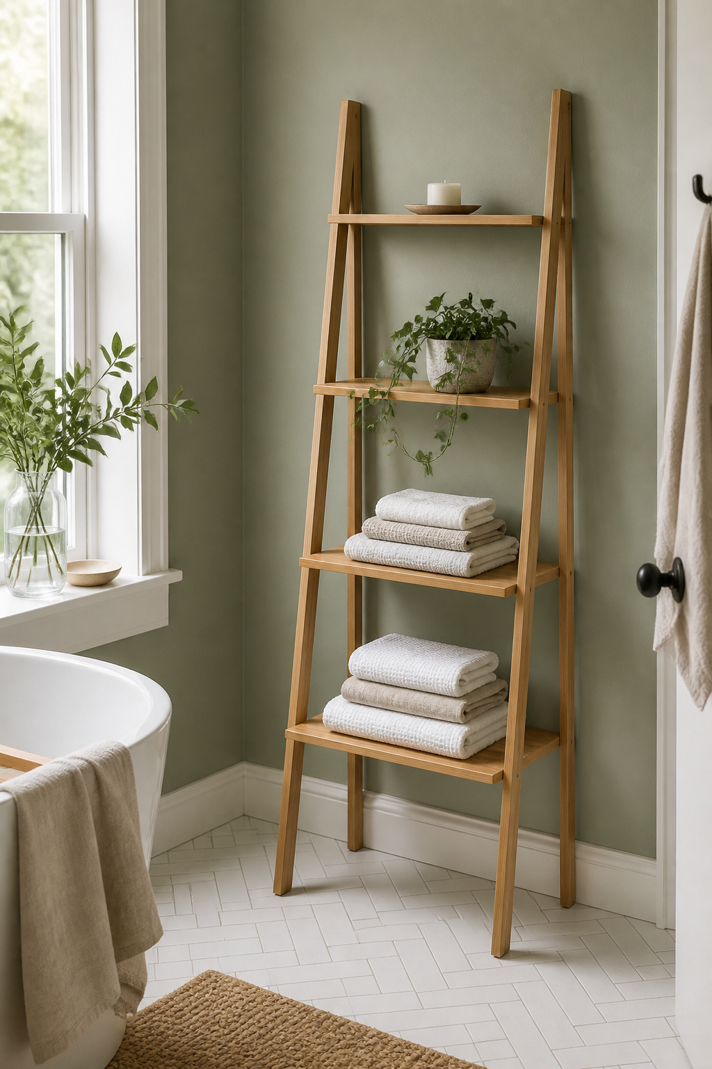 A bamboo ladder shelf in a sage green bathroom styled with folded linen towels, a trailing plant, and deliberate empty space — the Scandinavian approach to open bathroom storage.