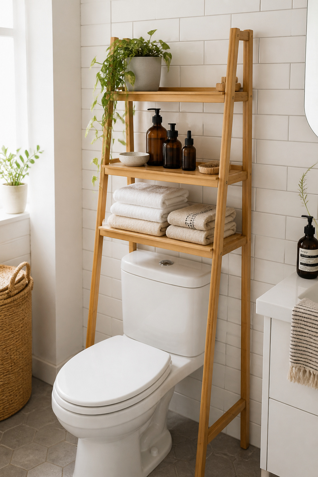 A bamboo over-toilet shelving unit holding folded towels, amber glass bottles, and a trailing plant — making use of the vertical wall space above the cistern with minimal installation.
