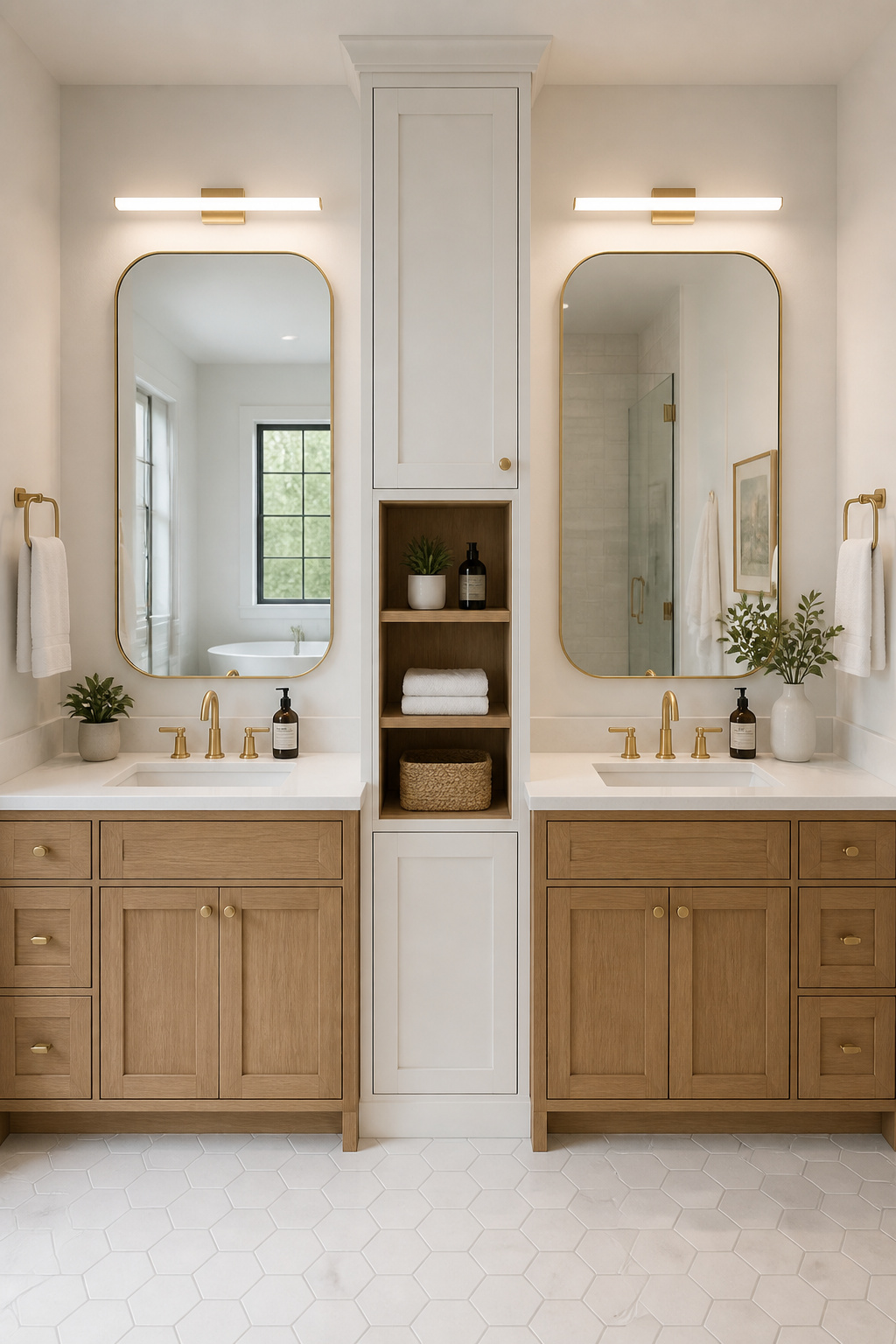 A narrow linen tower cabinet between two white oak sink stations defines each user's side while delivering substantial towel and toiletry storage in just 16 inches of width.