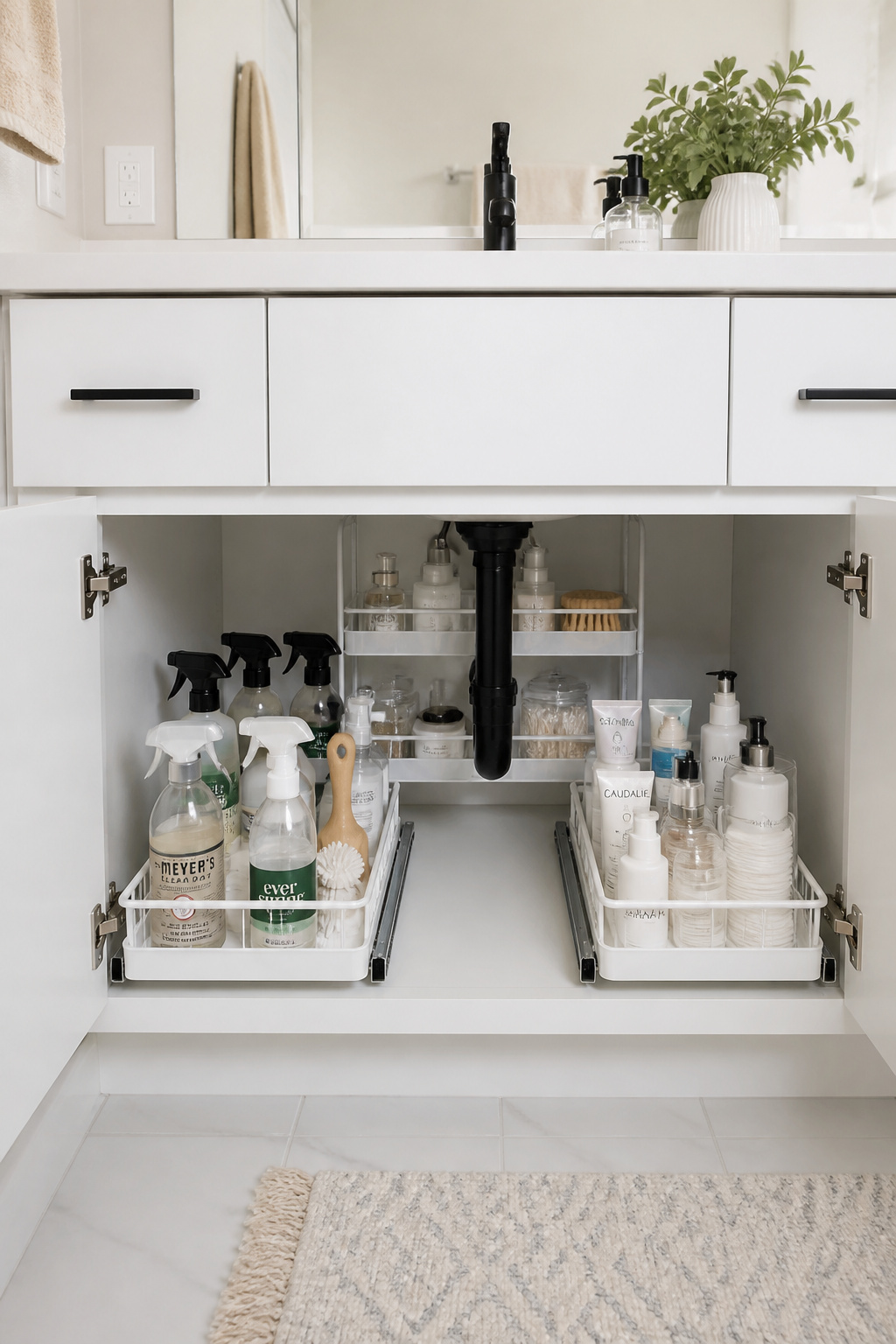 An under-sink cabinet with two pull-out wire bins flanking the P-trap, each organised by category — the drawer configuration that reclaims the most chronically wasted bathroom storage space.