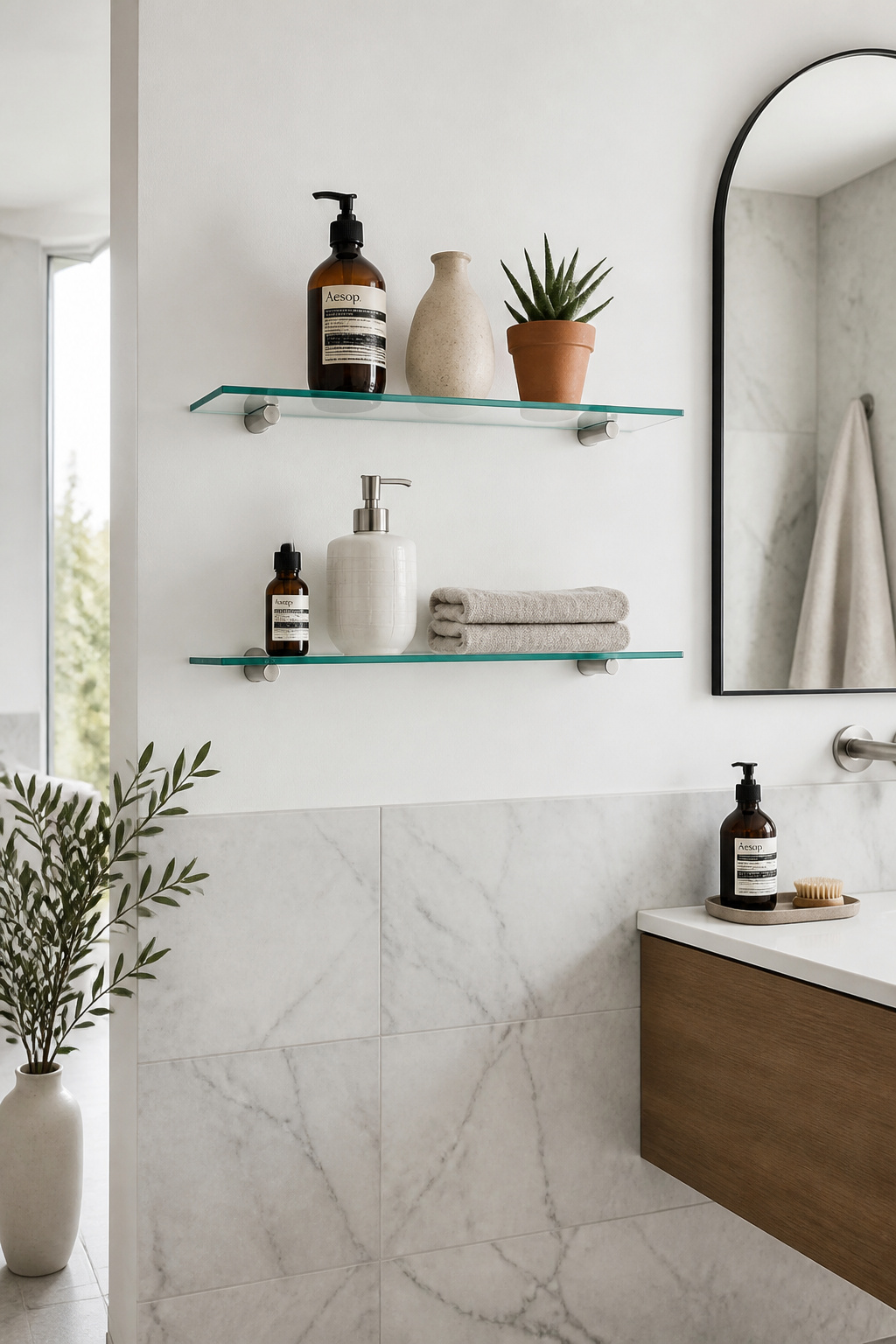 Two 8mm tempered glass shelves on floating pin brackets hold amber glass bottles, a ceramic soap dispenser, and a small succulent — items appearing to hover against the white tiled wall.