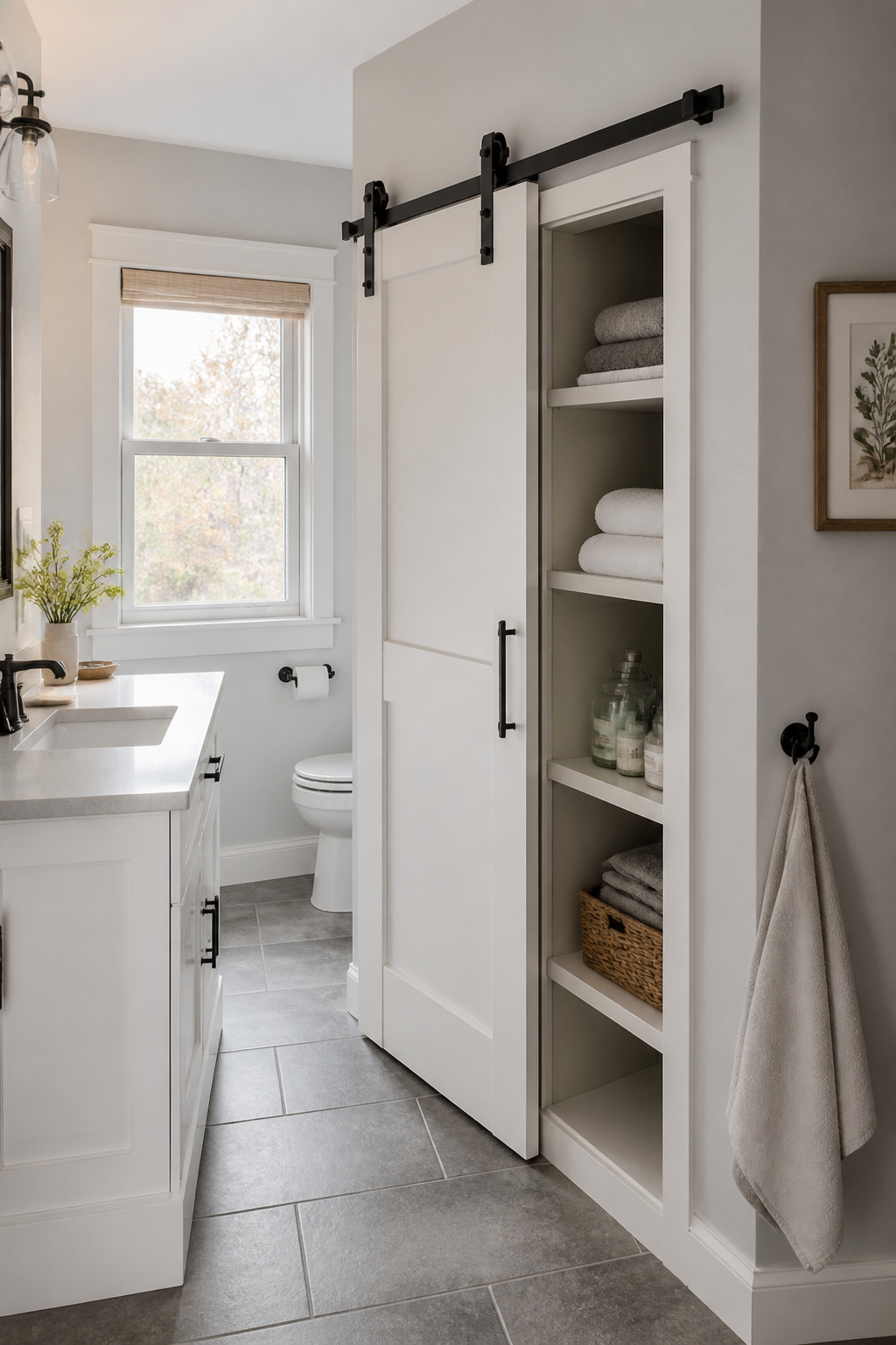 A shaker cabinet with matte black barn door hardware slides open to reveal towels and shelves — zero swing clearance needed, turning the door hardware into a bathroom design feature.
