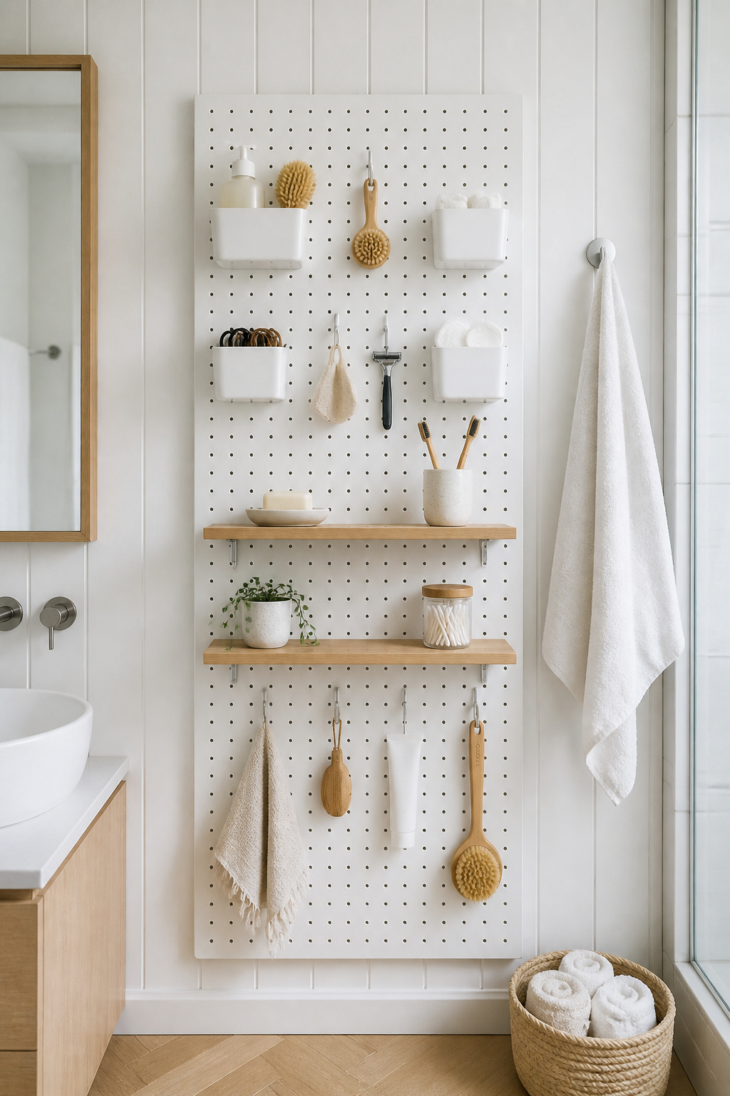 A white PVC pegboard panel on a bathroom wall with metal bins, hooks, and small floating shelves — a fully reconfigurable storage system that adapts as the bathroom's contents change.