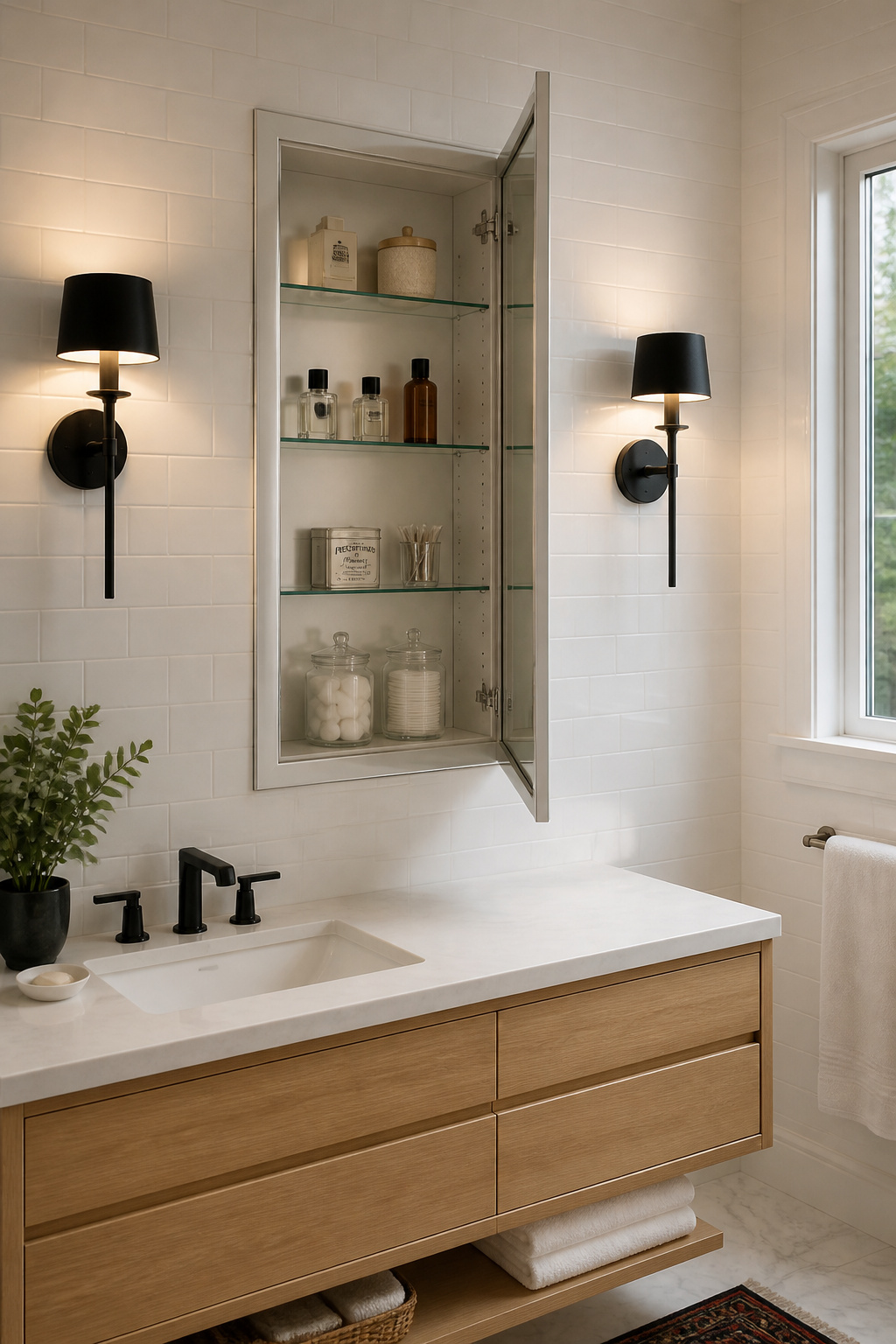 A flush-recessed mirrored medicine cabinet with four adjustable glass shelves and flanking matte black sconces — mirror and storage in the same wall footprint.