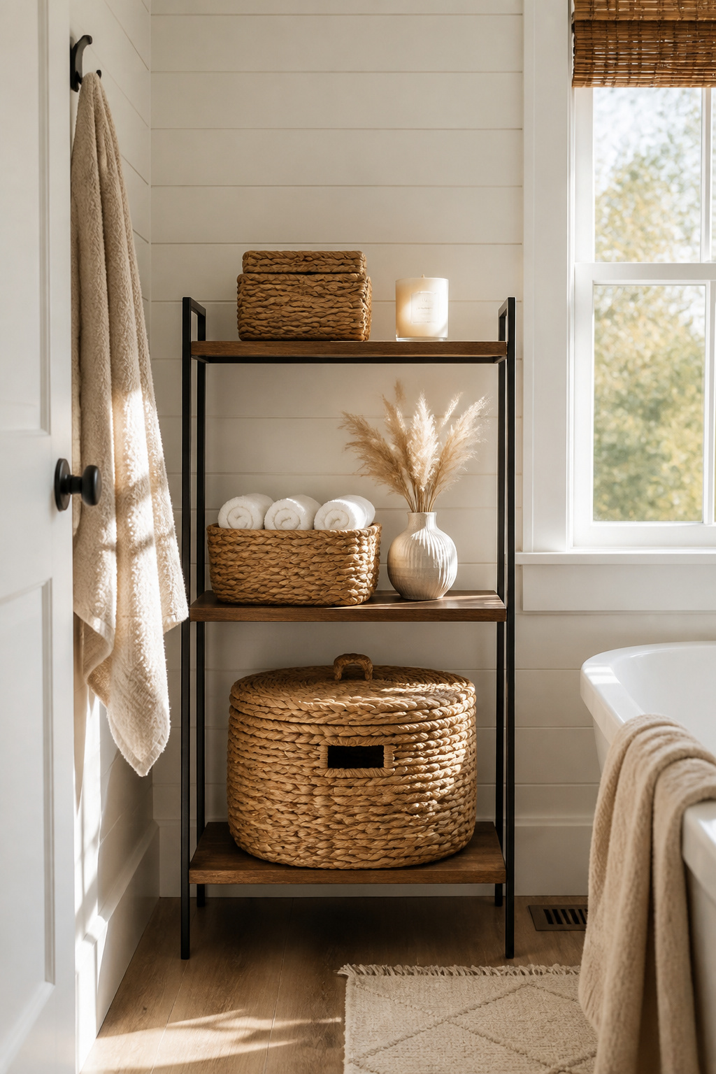 Seagrass and water hyacinth baskets styled across open bathroom shelves — natural fibre storage that adds organic texture to a hard-surface room while keeping towels and essentials organised.