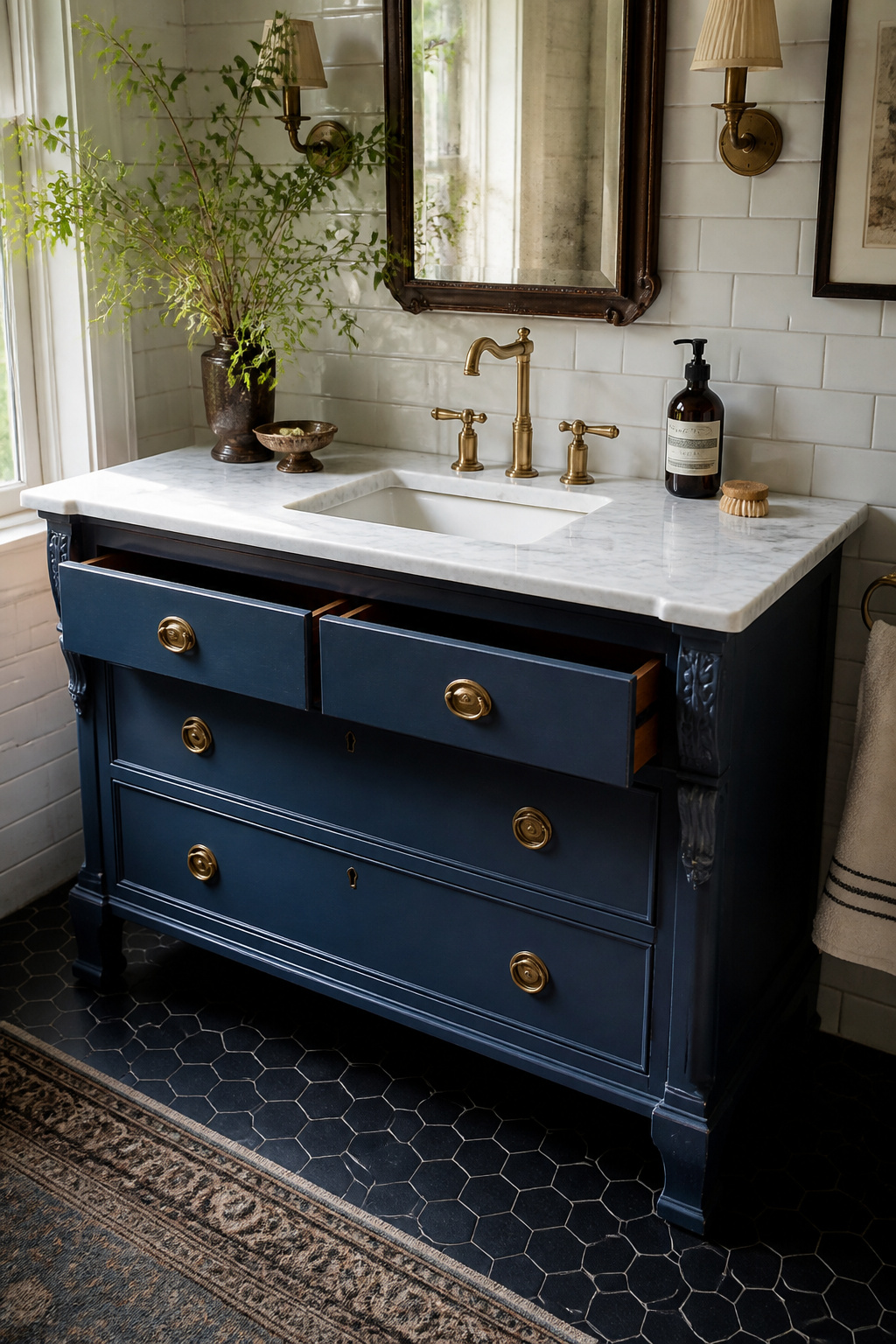 A slate-blue antique mahogany dresser converted to a bathroom vanity with a honed Carrara marble top and unlacquered brass hardware — the kind of characterful bathroom storage ideas no flat-pack can replicate.