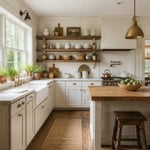 A complete farmhouse kitchen with reclaimed wood open shelving, a fireclay apron sink, butcher block island, aged brass pendants, and a windowsill herb garden — every element working together as a coherent material story.