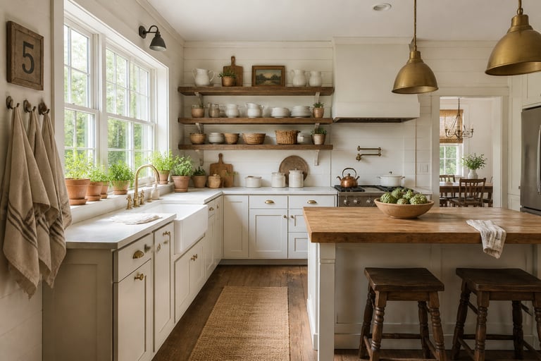 A complete farmhouse kitchen with reclaimed wood open shelving, a fireclay apron sink, butcher block island, aged brass pendants, and a windowsill herb garden — every element working together as a coherent material story.