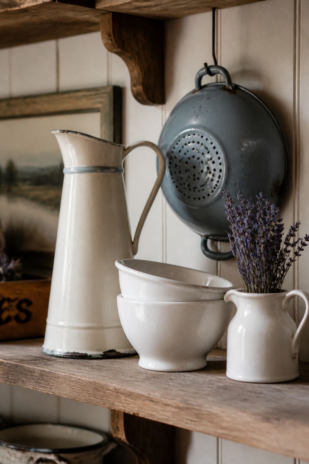 A curated collection of vintage enamelware and ironstone in cream, white, and blue-grey — the edited colour story is what makes it look like a considered collection rather than a shelf of miscellaneous old things.