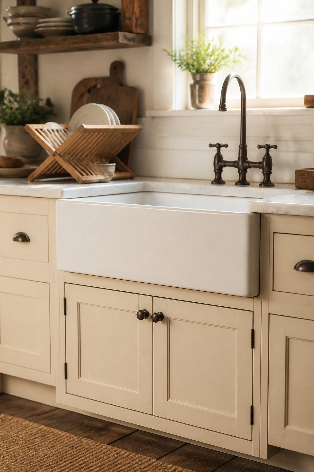 A white fireclay apron front sink with an aged brass faucet — the exposed front panel anchors the whole farmhouse kitchen and gives it a clear visual identity from the moment you enter the room.