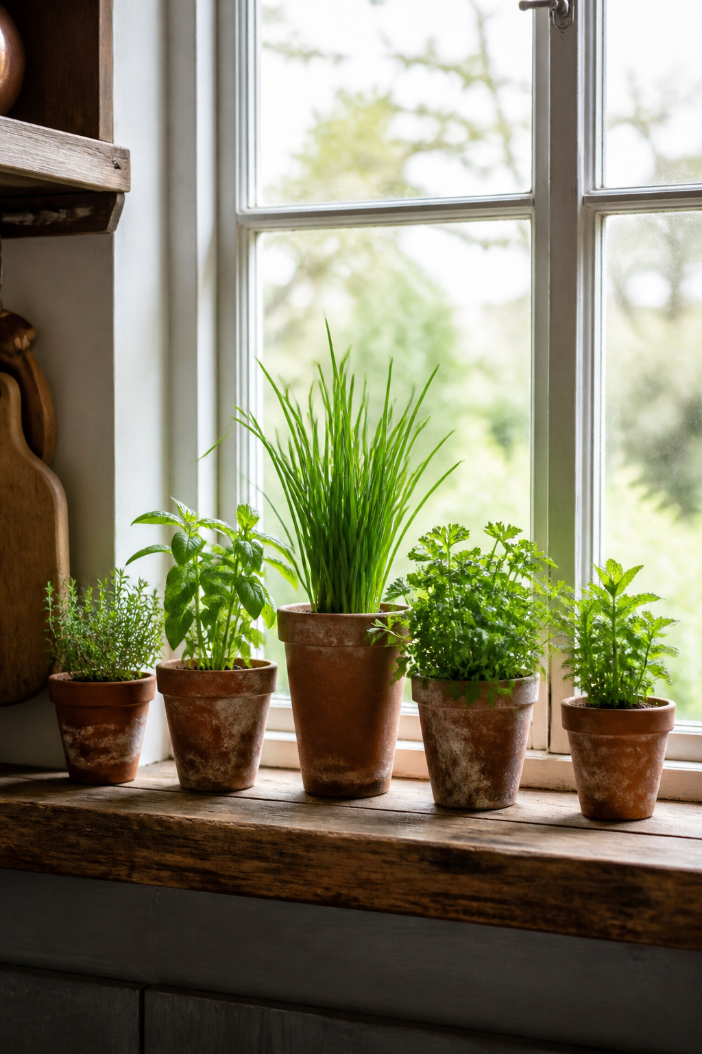 A row of terracotta herb pots on a farmhouse kitchen windowsill — chives, parsley, and mint at varying heights, all grown in pots with drainage, creating the lived-in warmth that no artificial decoration can replicate.