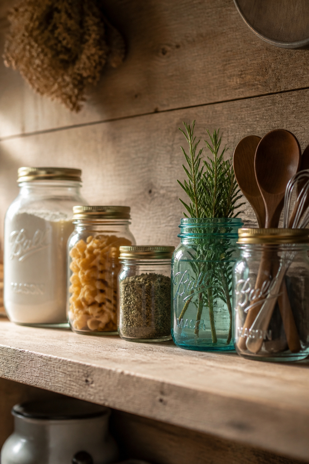 A mason jar collection arranged by descending height — each jar holds something real, and the vintage aqua Ball jar adds a note of colour that ties the whole grouping together.