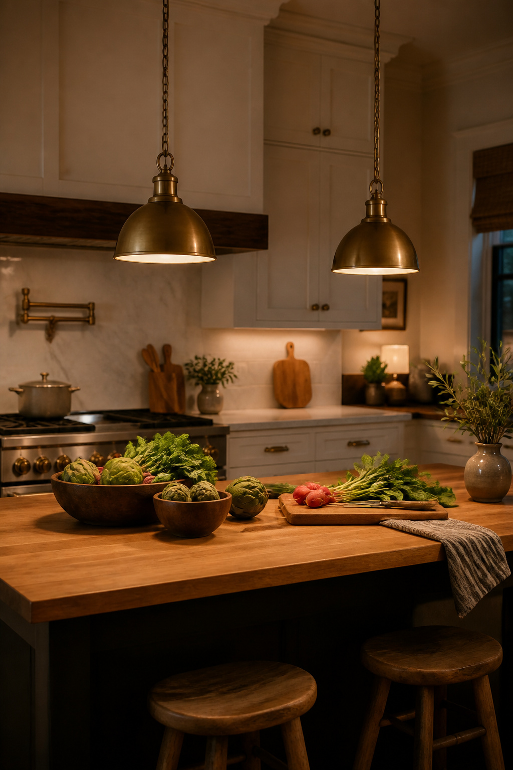 Two aged brass dome pendants hanging 32 inches above a butcher block island — the warm downward glow changes the atmosphere of the kitchen more than any other single farmhouse decoration decision.