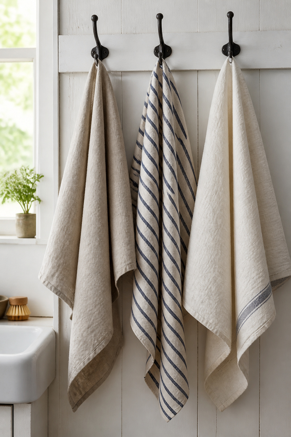 Three linen and grain sack tea towels on iron hooks beside the farmhouse sink — the textural difference between plain linen and grain sack stripe is visible even in a photograph, and it is felt immediately when handled.