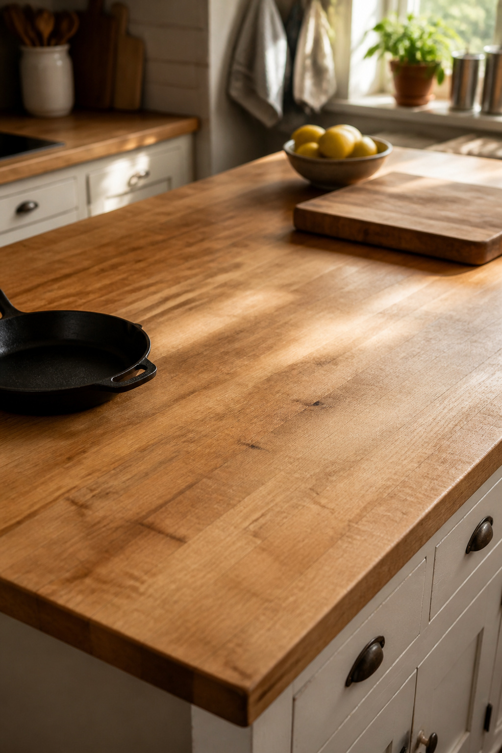 Hard maple butcher block on a farmhouse kitchen island — the visible grain, the small signs of use, and the warm honey tone are what a synthetic surface cannot achieve regardless of how well it is designed.