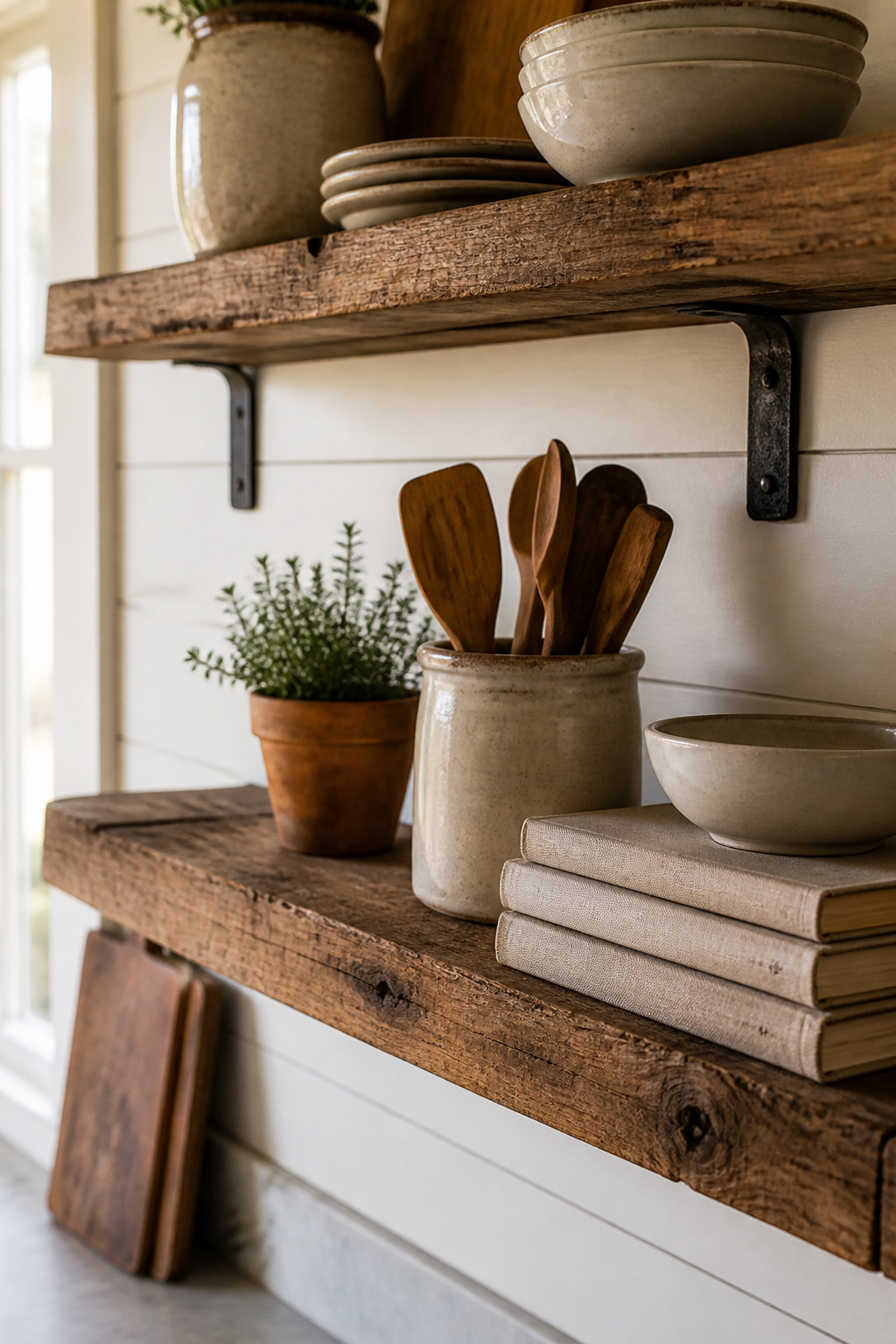 Reclaimed wood open shelving styled with white ceramics, a wooden utensil crock, and fresh herbs — the balance of display and breathing room is what makes farmhouse shelving work.