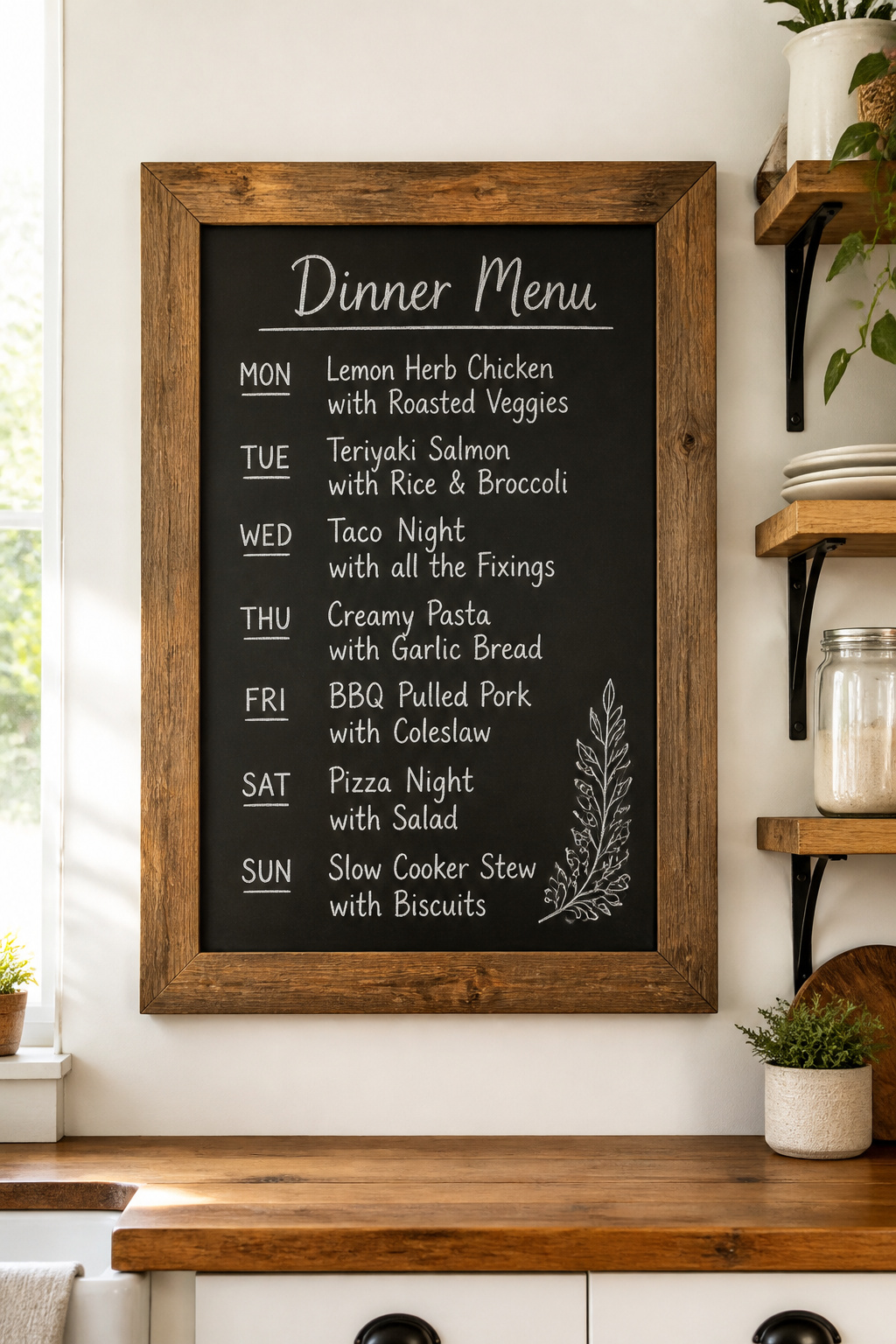 A barn-wood framed chalkboard with a handwritten menu in chalk marker — it serves as both decoration and weekly communication, earning its wall space in a way purely ornamental pieces rarely do.