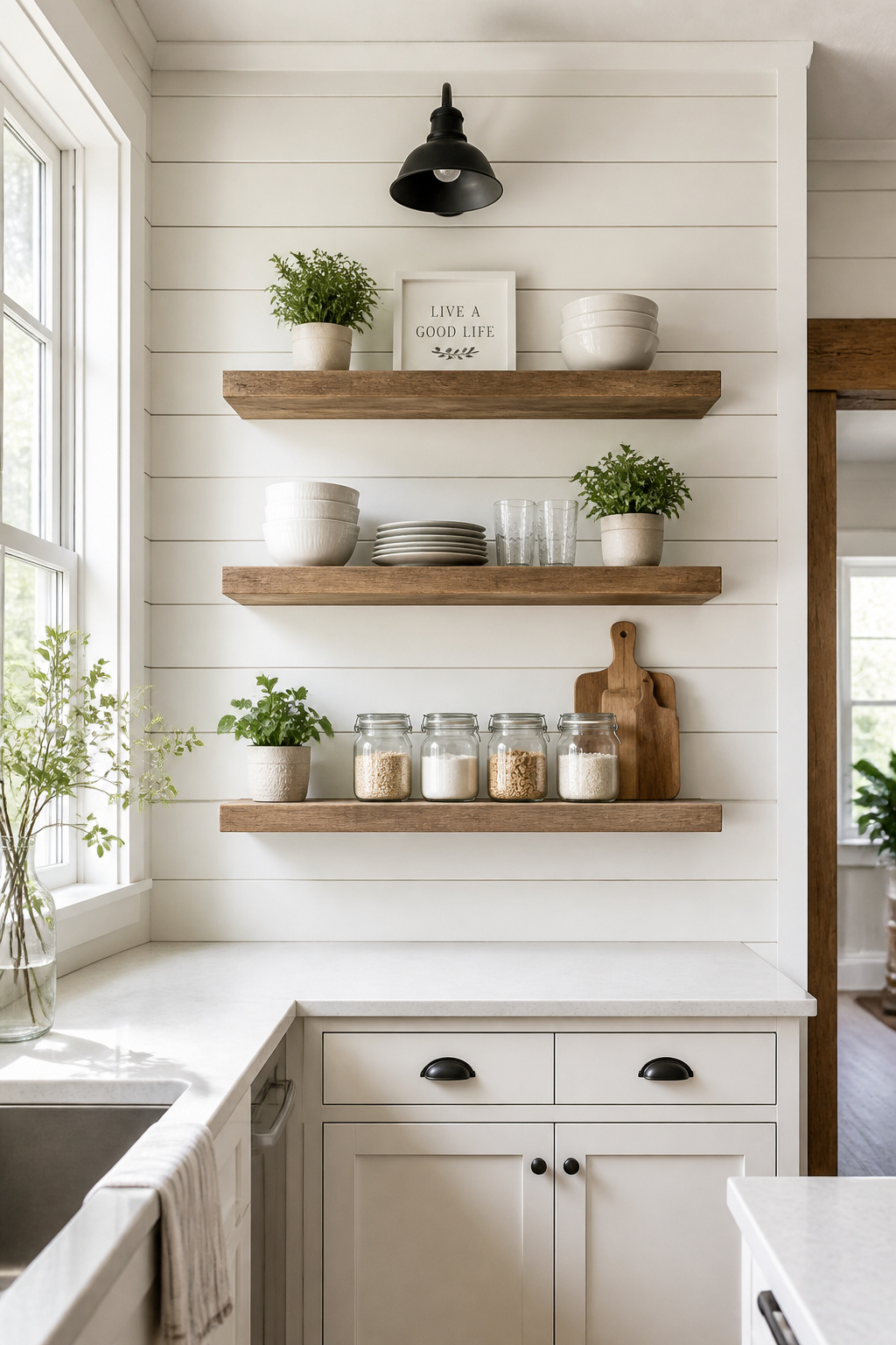 A white shiplap accent wall creates horizontal rhythm and depth behind open shelving — the shadow lines between boards do the decorative work without needing any other colour or pattern.