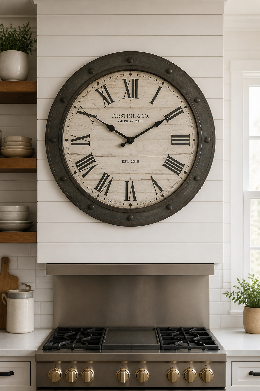 A 28-inch farmhouse wall clock in aged metal centred above a range hood — it fills the scale of the wall honestly and gives the kitchen a clear focal point that no collection of smaller objects could achieve.
