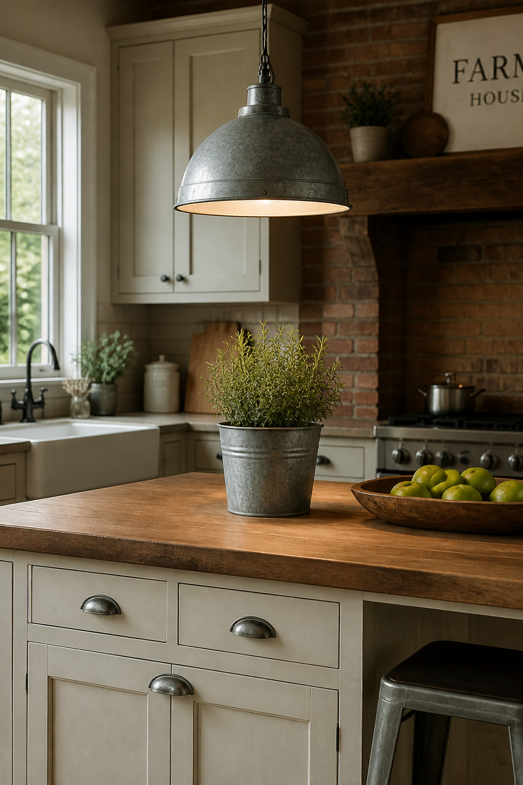 Three galvanized metal elements — a pendant light, a bin pull, and a planter — create an industrial-farmhouse accent story without overwhelming the warmth of the wood and white kitchen around them.