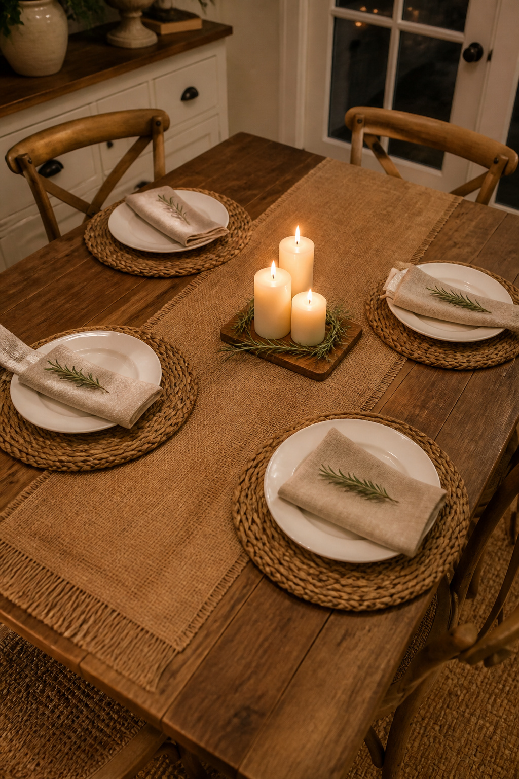 A farmhouse kitchen table set with a jute runner, seagrass placemats, and linen napkins — the natural fibre textures work together because they share a material palette, not because they match exactly.