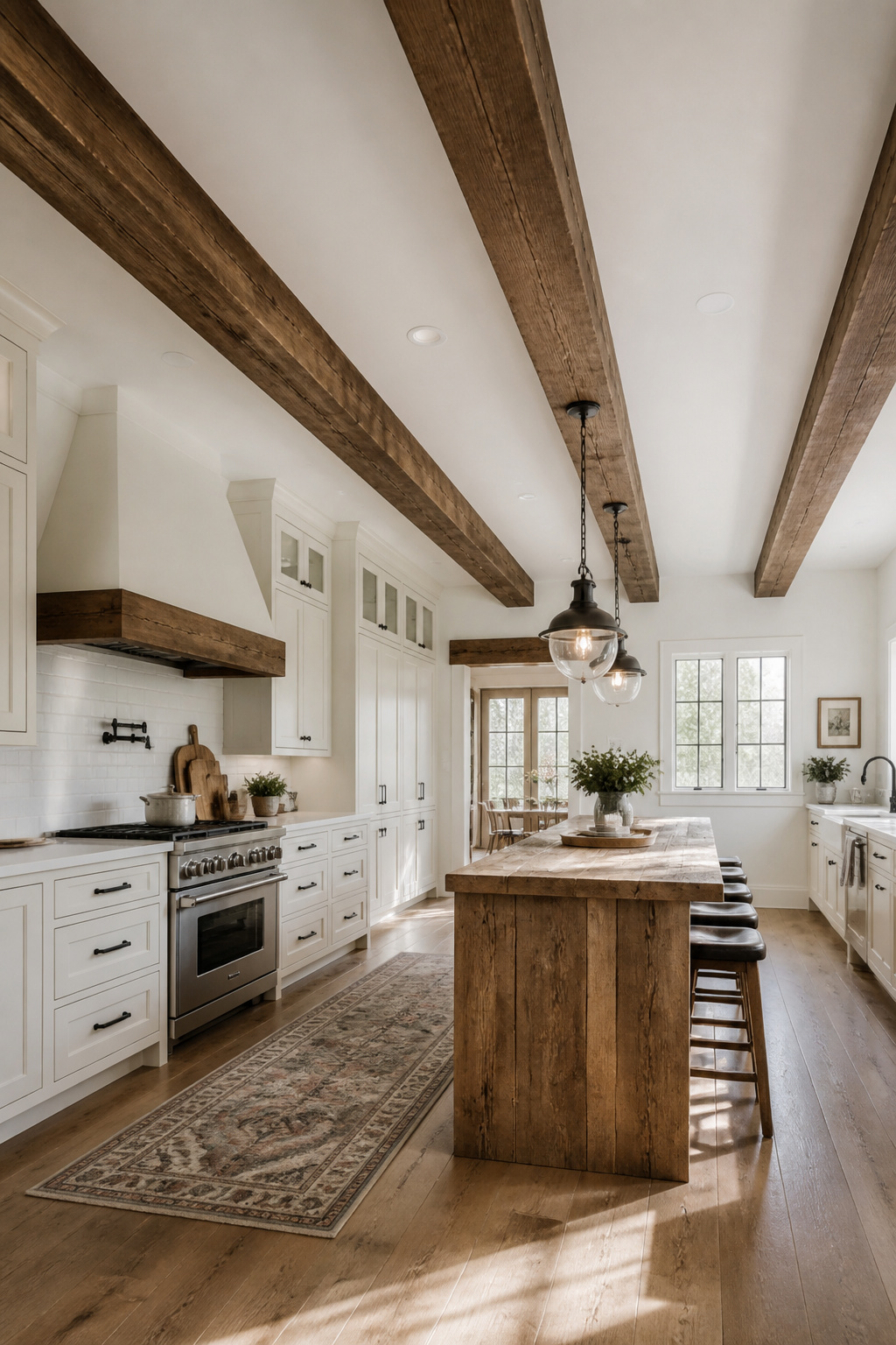 Three Dark Walnut stained ceiling beams run the full length of a white farmhouse kitchen — the contrast between the dark wood overhead and the white cabinets below is what gives the space its architectural character.