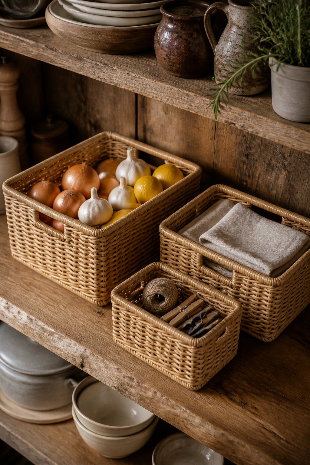 Three graduated wicker baskets on a farmhouse kitchen shelf — each one holds something real, which is exactly what gives them their decoration value.