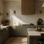 A thoughtfully designed kitchen featuring zellige tile backsplash, sage green cabinetry, and white oak surfaces — capturing the warmth and material richness at the heart of today's most considered kitchen backsplash trends.