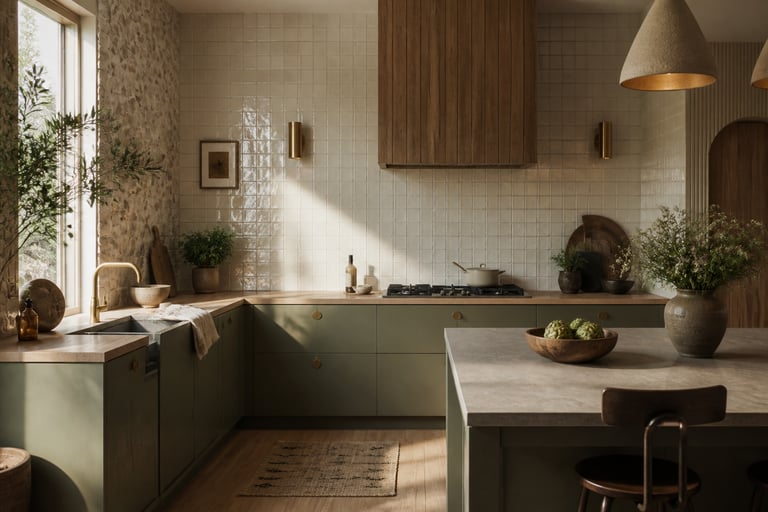 A thoughtfully designed kitchen featuring zellige tile backsplash, sage green cabinetry, and white oak surfaces — capturing the warmth and material richness at the heart of today's most considered kitchen backsplash trends.