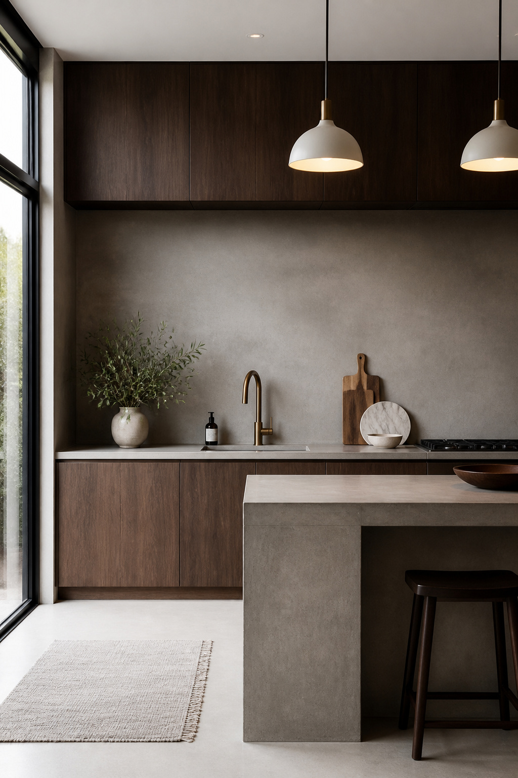 Sealed micro-cement in warm medium grey creates a seamless, grout-free kitchen backsplash — the continuous trowel-applied surface reading as architectural rather than decorative.