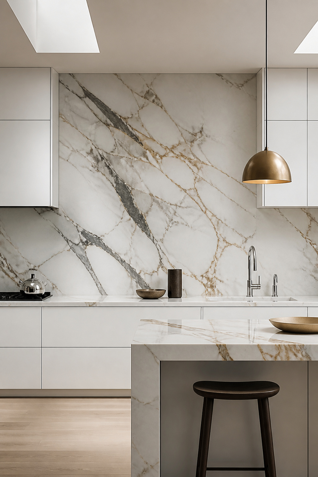 A continuous Calacatta marble slab flows from countertop through full-height backsplash — the most seamless, architecturally resolved kitchen surface treatment possible.