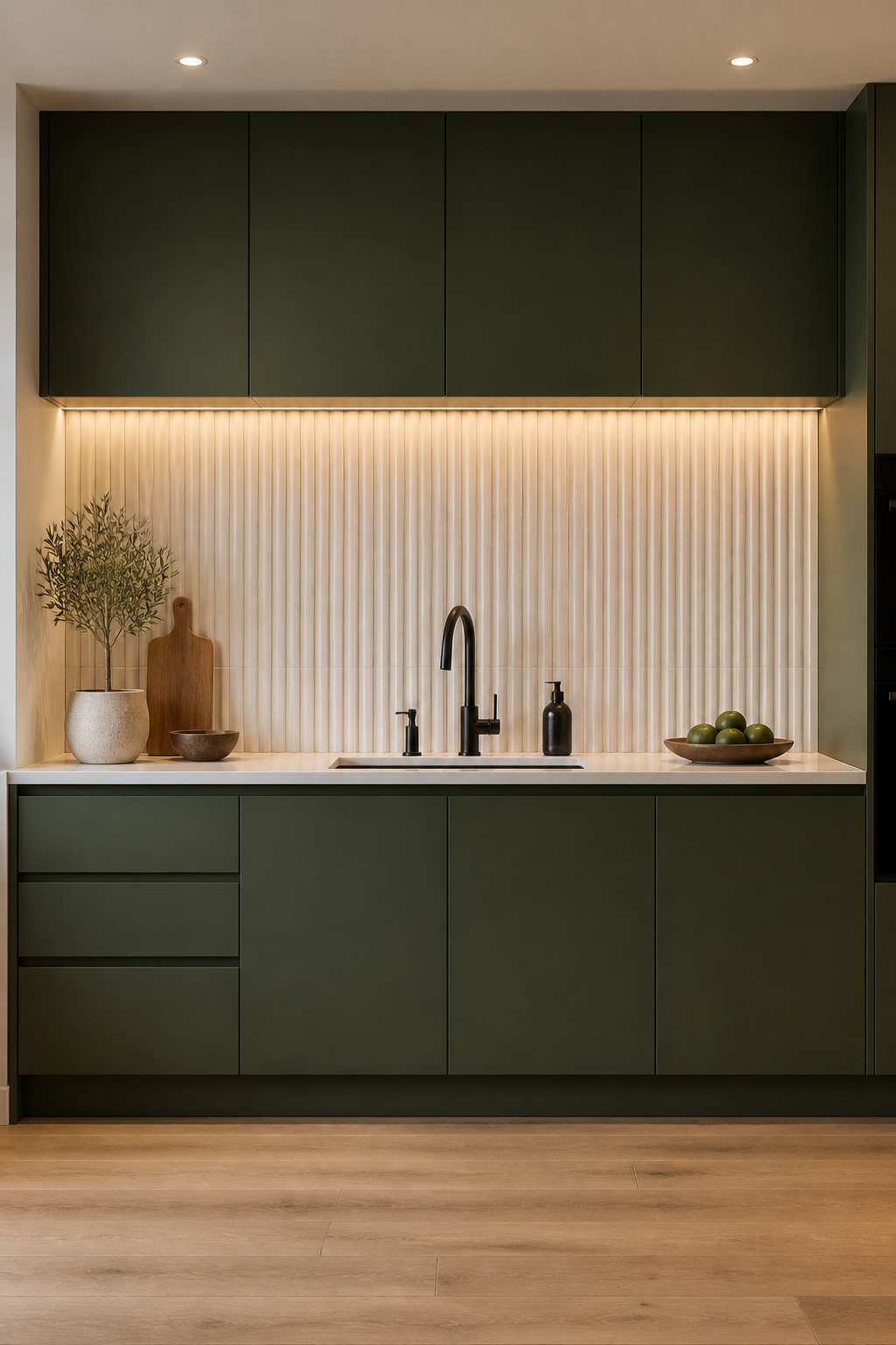 Vertically oriented fluted ceramic tiles in warm white create architectural texture through shadow and light — the groove profile shifting beautifully under directional kitchen task lighting.