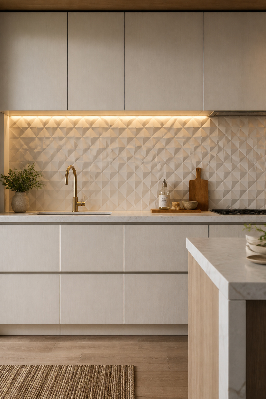 Diamond-relief pressed ceramic tiles become architectural under directional kitchen lighting — the raised pattern creating deep shadow lines that shift through the day.